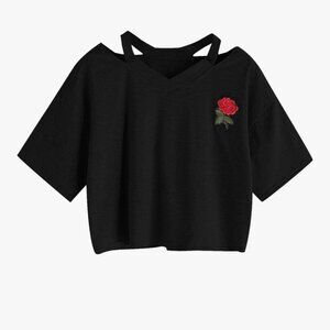 SweatyRocks Women's Embroidered Crop Top Short Sleeve T Shirt EUC Size L